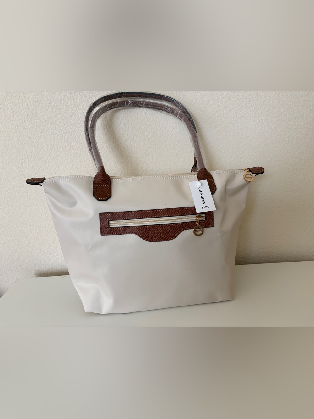 Cream Tote Bag with Brown Handles Nylon Tote NEW